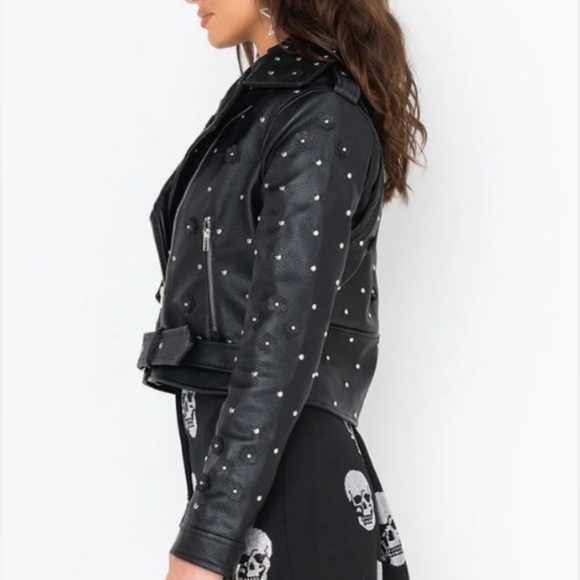 NWOT AZALEA WANG ANWAR BLACK FLOWER MOTO STUDDED JACKET SIZE S - Picture 4 of 16